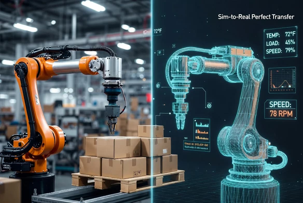 A palletizing cell alongside its digital twin, the simulated arm mirroring the physical one
