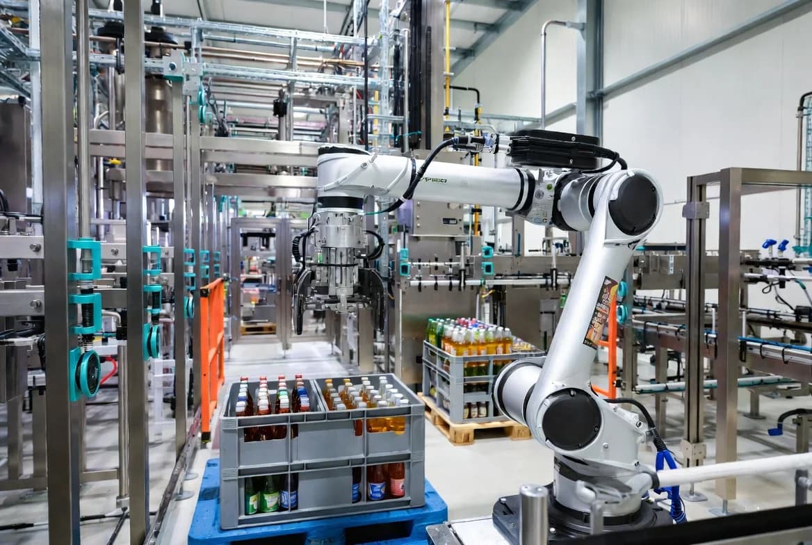 A palletizing cell handling mixed cases on a production line