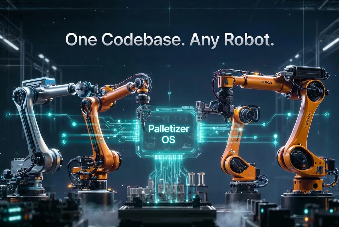 Several robot arms of different makes working the same palletizing pattern