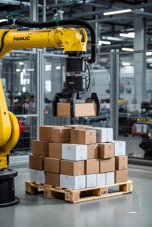 Completed Pallet · Dual Station — palletizing robot working independently